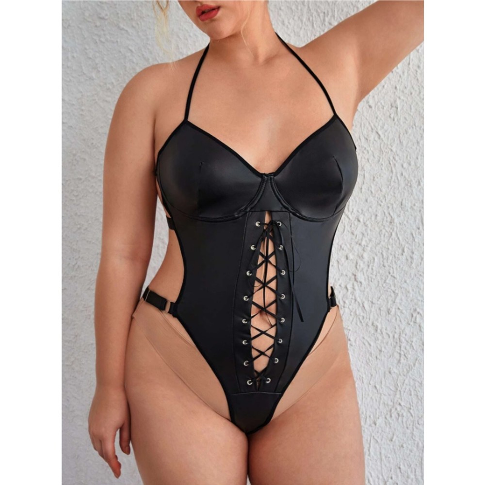 Size	14 ( 1X ) Black	PU Leather Lace Up Teddy Bodysuit